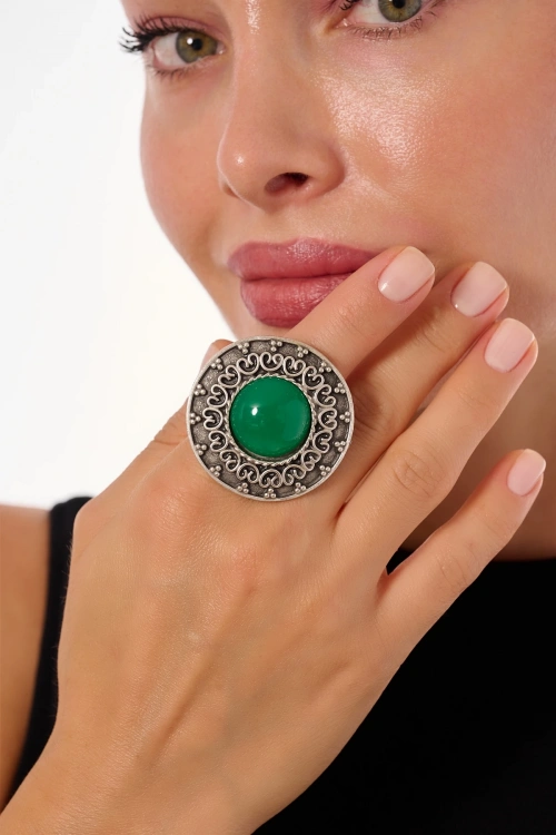 Kiraz Green Stoned Silver Plated Ring