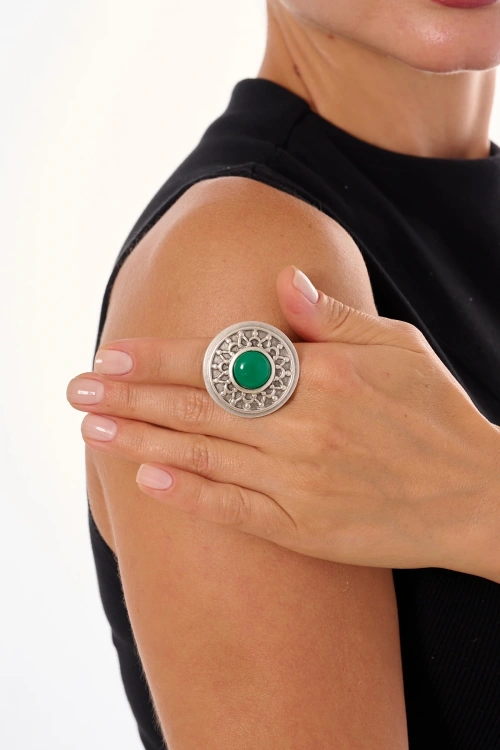 Kiraz Green Stoned Silver Plated Ring