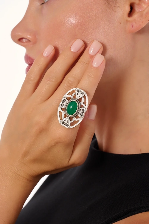 Kiraz Green Stoned Silver Plated Ring