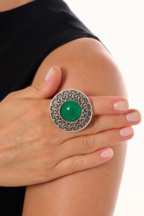 Kiraz Green Stoned Silver Plated Ring
