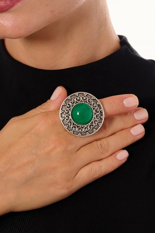 Kiraz Green Stoned Silver Plated Ring