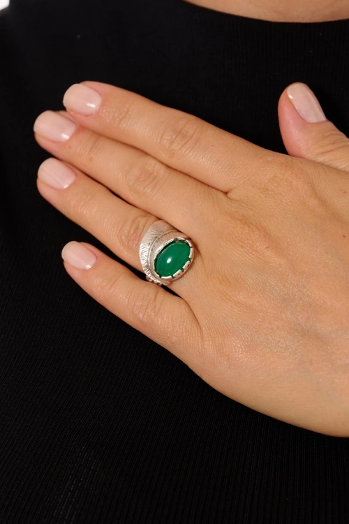 Kiraz Green Stoned Silver Plated Ring