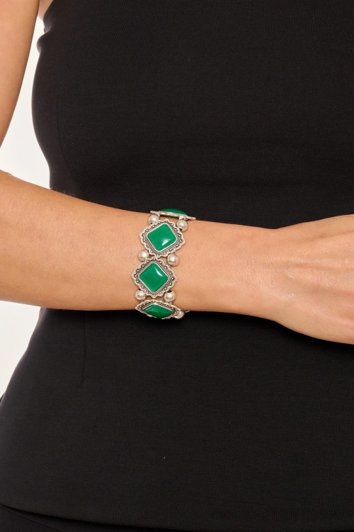 Kiraz Green Stoned Elastic Silver Plated Bracelet