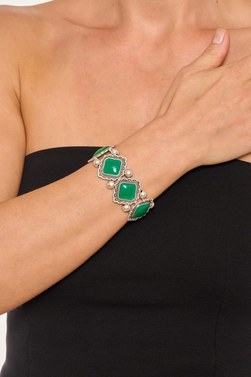 Kiraz Green Stoned Elastic Silver Plated Bracelet