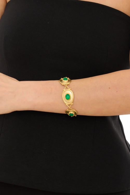 Kiraz Green Stoned Gold Plated Bracelet