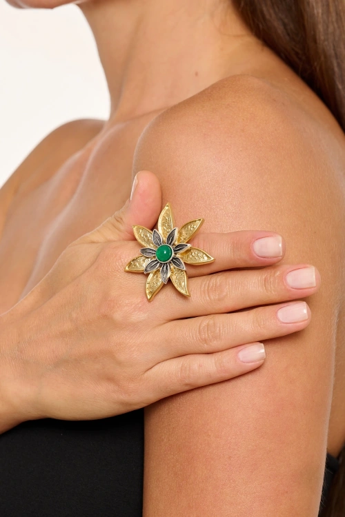 Kiraz Green Stoned Gold Plated Flower Ring