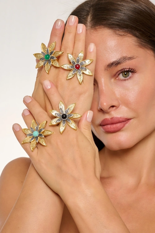 Kiraz Green Stoned Gold Plated Flower Ring