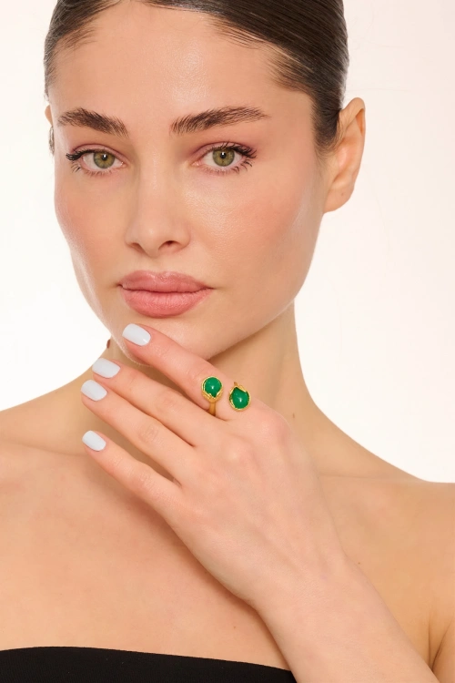 Kiraz Green Stoned Gold Plated Ring