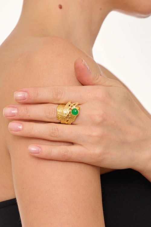 Kiraz Green Stoned Gold Plated Ring