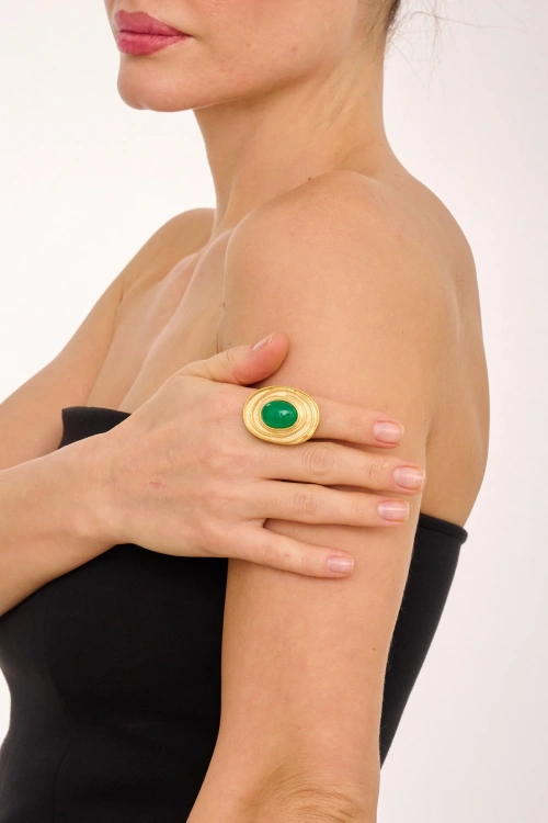 Kiraz Green Stoned Gold Plated Ring