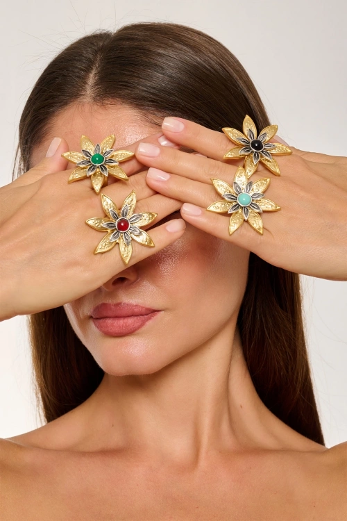 Kiraz Green Stoned Gold Plated Flower Ring