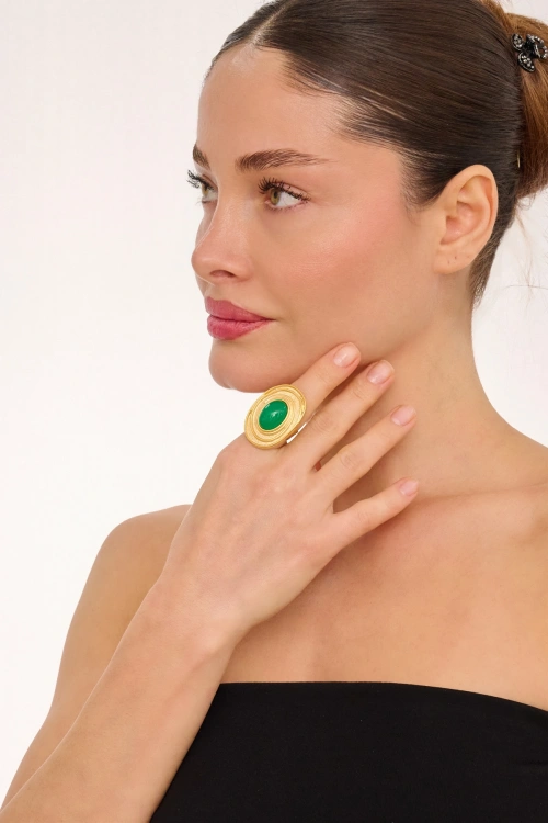 Kiraz Green Stoned Gold Plated Ring