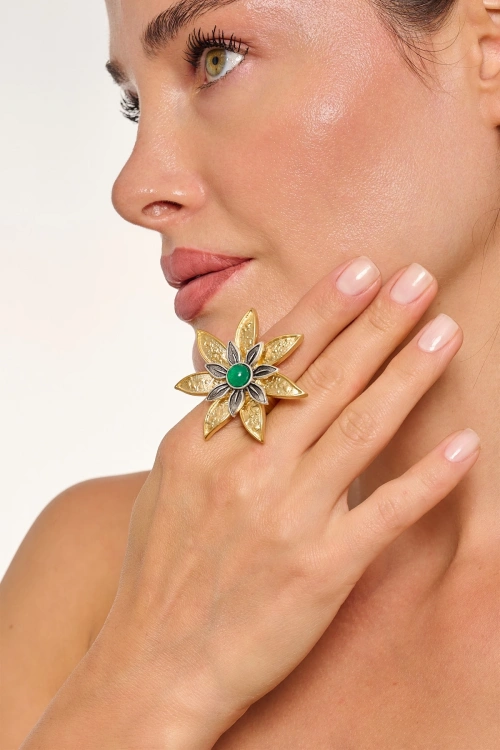 Kiraz Green Stoned Gold Plated Flower Ring