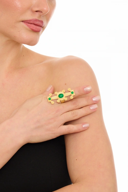 Kiraz Green Stoned Gold Plated Ring