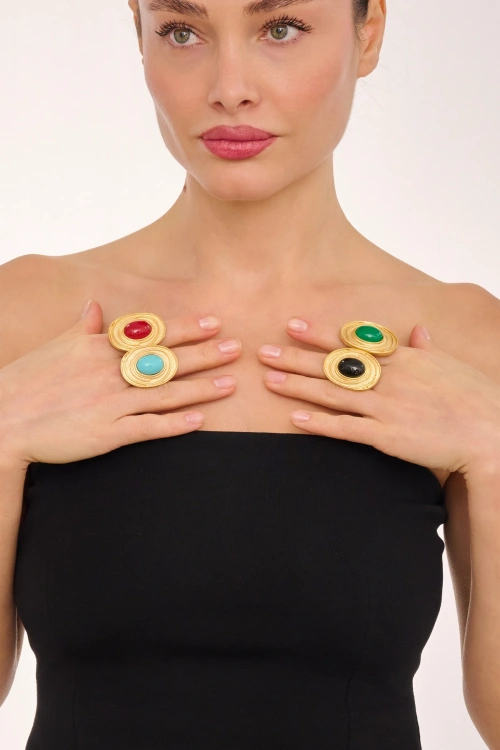 Kiraz Green Stoned Gold Plated Ring