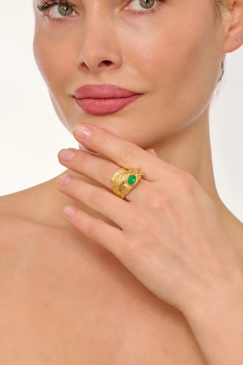 Kiraz Green Stoned Gold Plated Ring