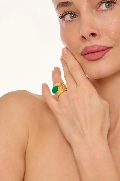 Kiraz Green Stoned Gold Plated Ring