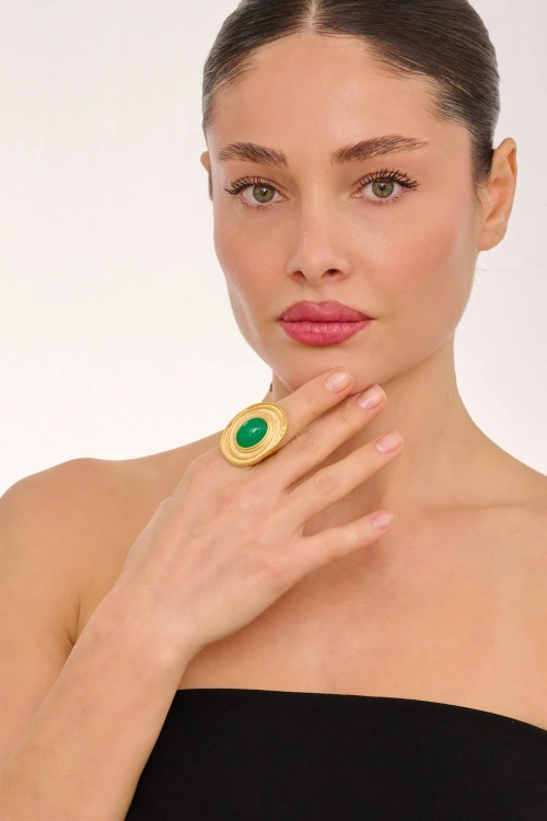 Kiraz Green Stoned Gold Plated Ring