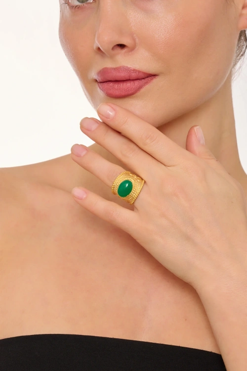 Kiraz Green Stoned Gold Plated Ring