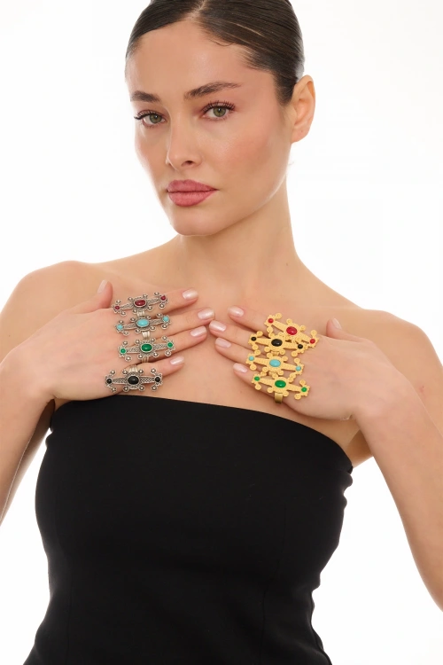 Kiraz Green Stoned Gold Plated Ring