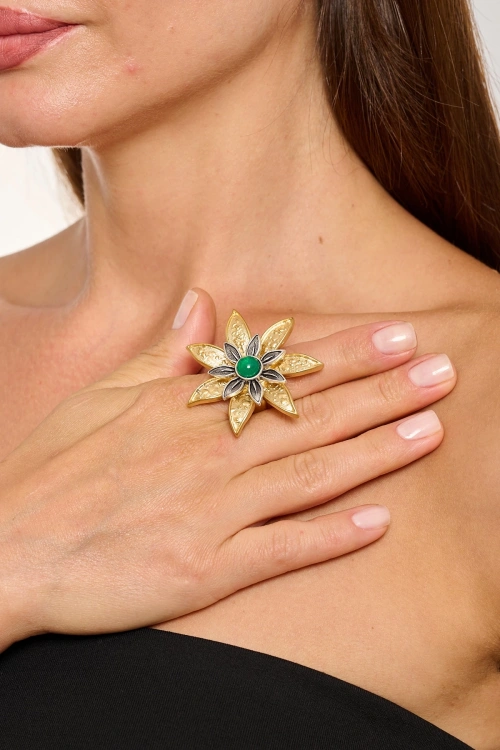 Kiraz Green Stoned Gold Plated Flower Ring