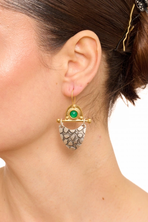 Kiraz Green Stoned Silver And Gold Plated Earring