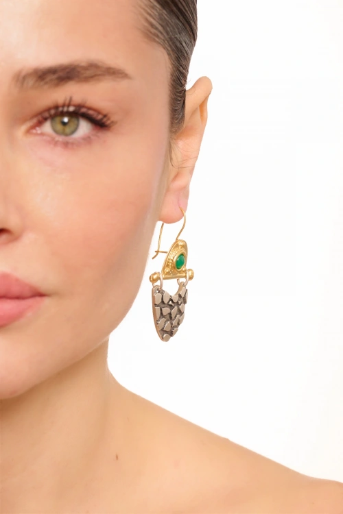 Kiraz Green Stoned Silver And Gold Plated Earring