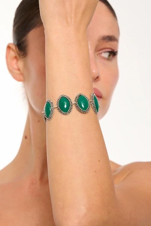 Kiraz Green Stoned Silver Plated Almond Bracelet