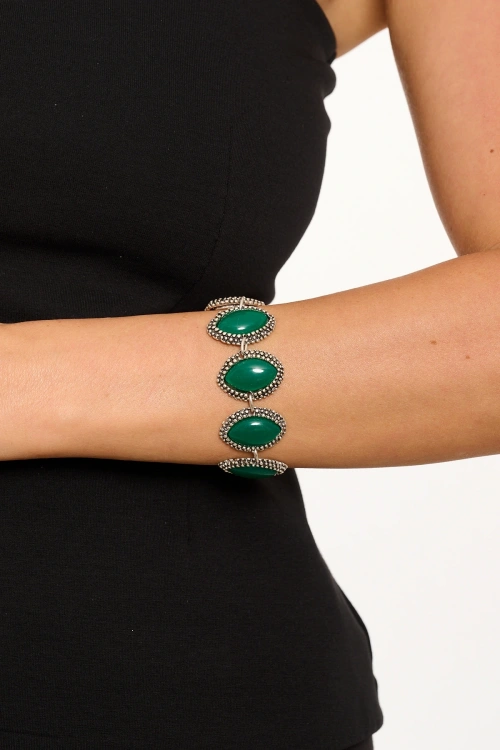 Kiraz Green Stoned Silver Plated Almond Bracelet
