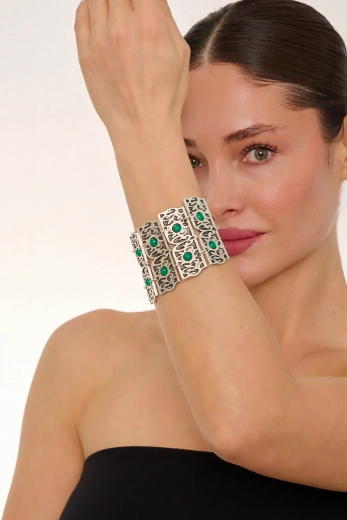 Kiraz Green Stoned Silver Plated Bracelet