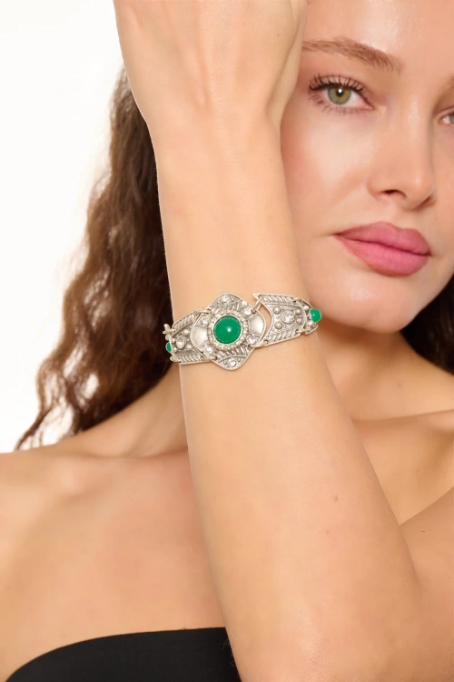 Kiraz Green Stoned Silver Plated Bracelet