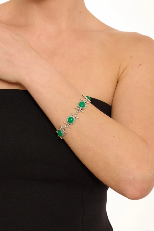 Kiraz Green Stoned Silver Plated Bracelet