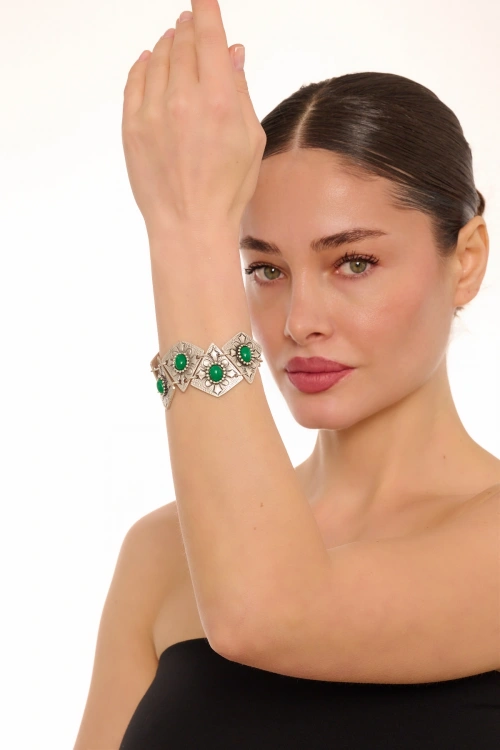 Kiraz Green Stoned Silver Plated Bracelet