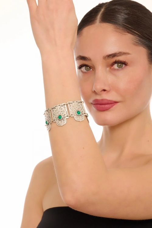 Kiraz Green Stoned Silver Plated Bracelet