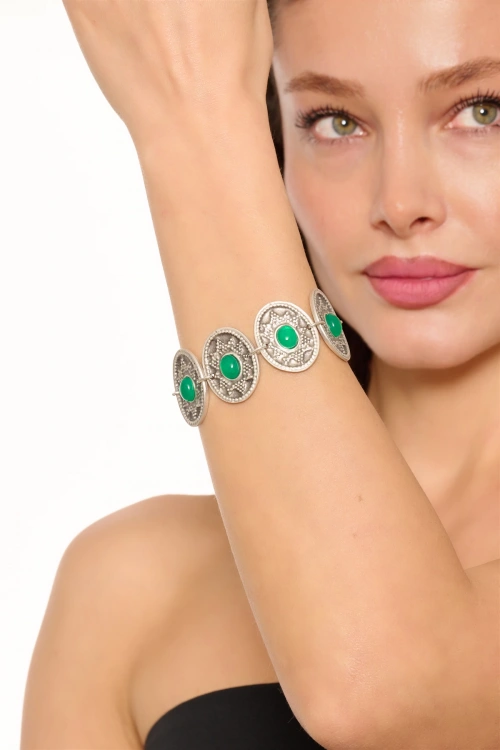 Kiraz Green Stoned Silver Plated Bracelet