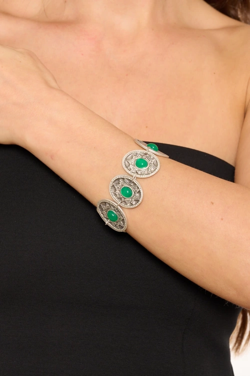 Kiraz Green Stoned Silver Plated Bracelet