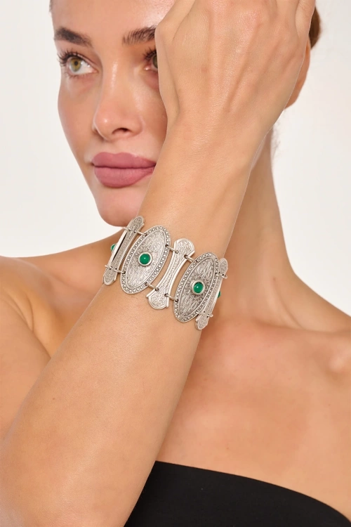 Kiraz Green Stoned Silver Plated Bracelet