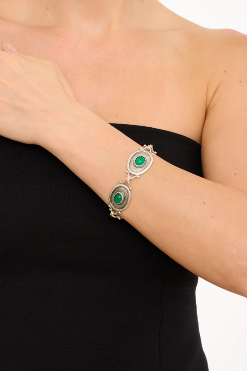 Kiraz Green Stoned Silver Plated Bracelet