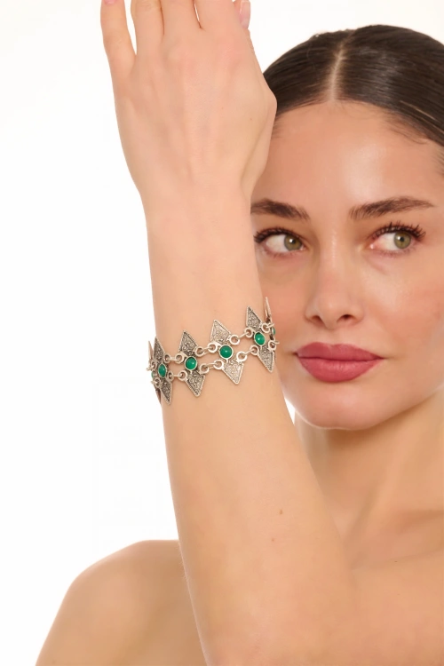 Kiraz Green Stoned Silver Plated Bracelet