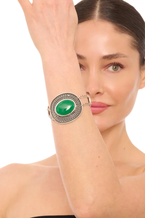 Kiraz Green Stoned Silver Plated Bracelet