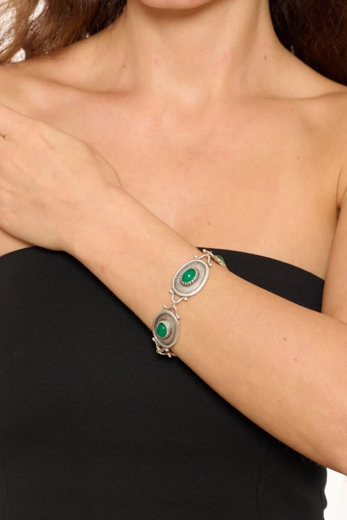 Kiraz Green Stoned Silver Plated Bracelet
