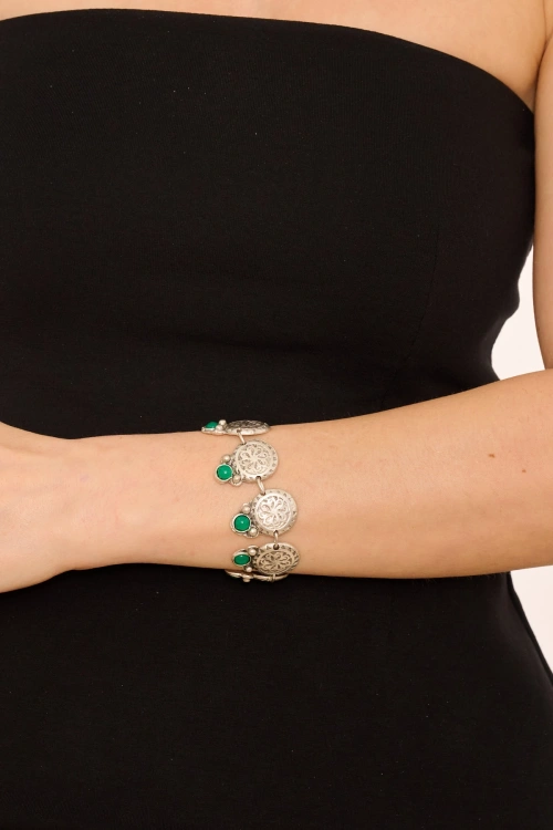 Kiraz Green Stoned Silver Plated Bracelet