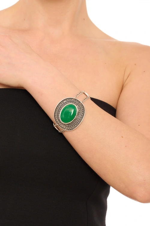 Kiraz Green Stoned Silver Plated Bracelet