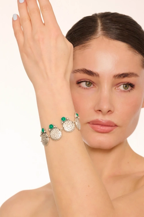 Kiraz Green Stoned Silver Plated Bracelet