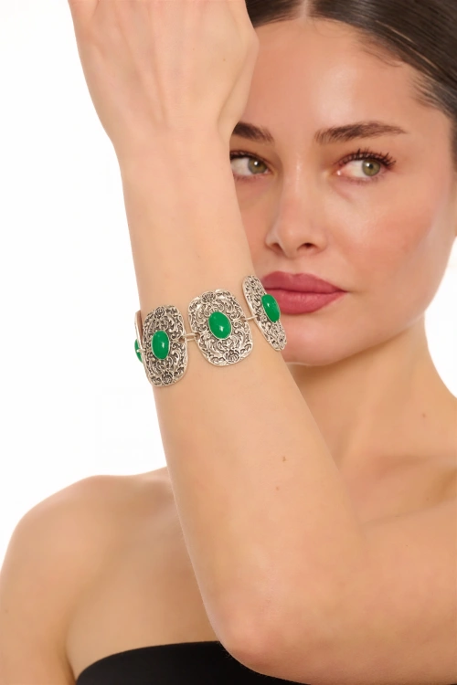 Kiraz Green Stoned Silver Plated Bracelet