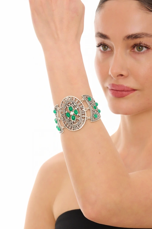 Kiraz Green Stoned Silver Plated Bracelet