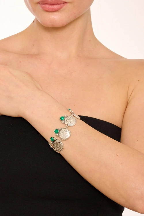 Kiraz Green Stoned Silver Plated Bracelet