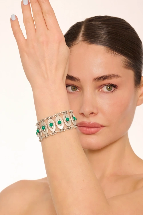 Kiraz Green Stoned Silver Plated Bracelet