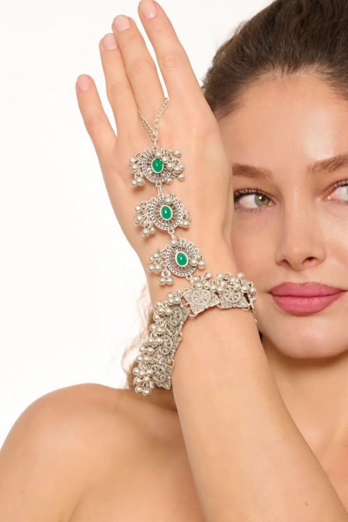 Kiraz Green Stoned Silver Plated Shahmaran Bracelet