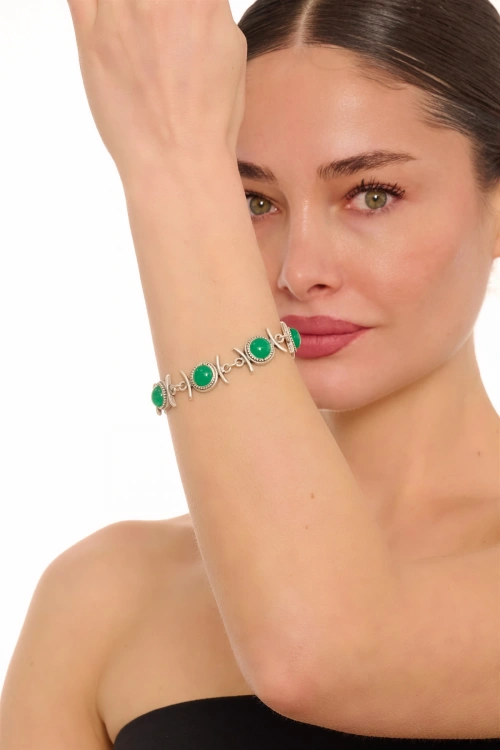 Kiraz Green Stoned Silver Plated Bracelet